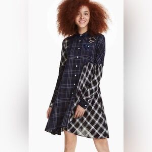 Desigual Navy, Black and White Asymmetrical Button Down Plaid Dress Size Medium